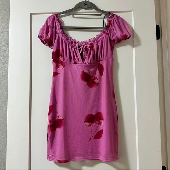 Pink Cherry Print Bodycon Floral Dress NWT - Picture 2 of 6